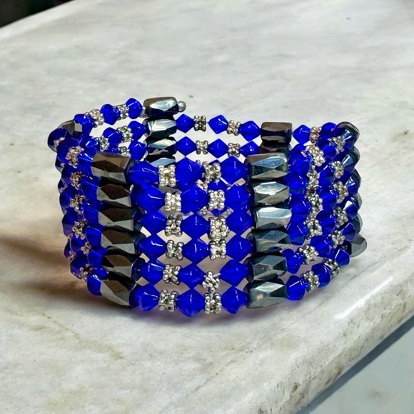 Magnetic Hematite & Royal Blue Bicone Crystal Bead Wrap Bracelet - Picture 5 of 9